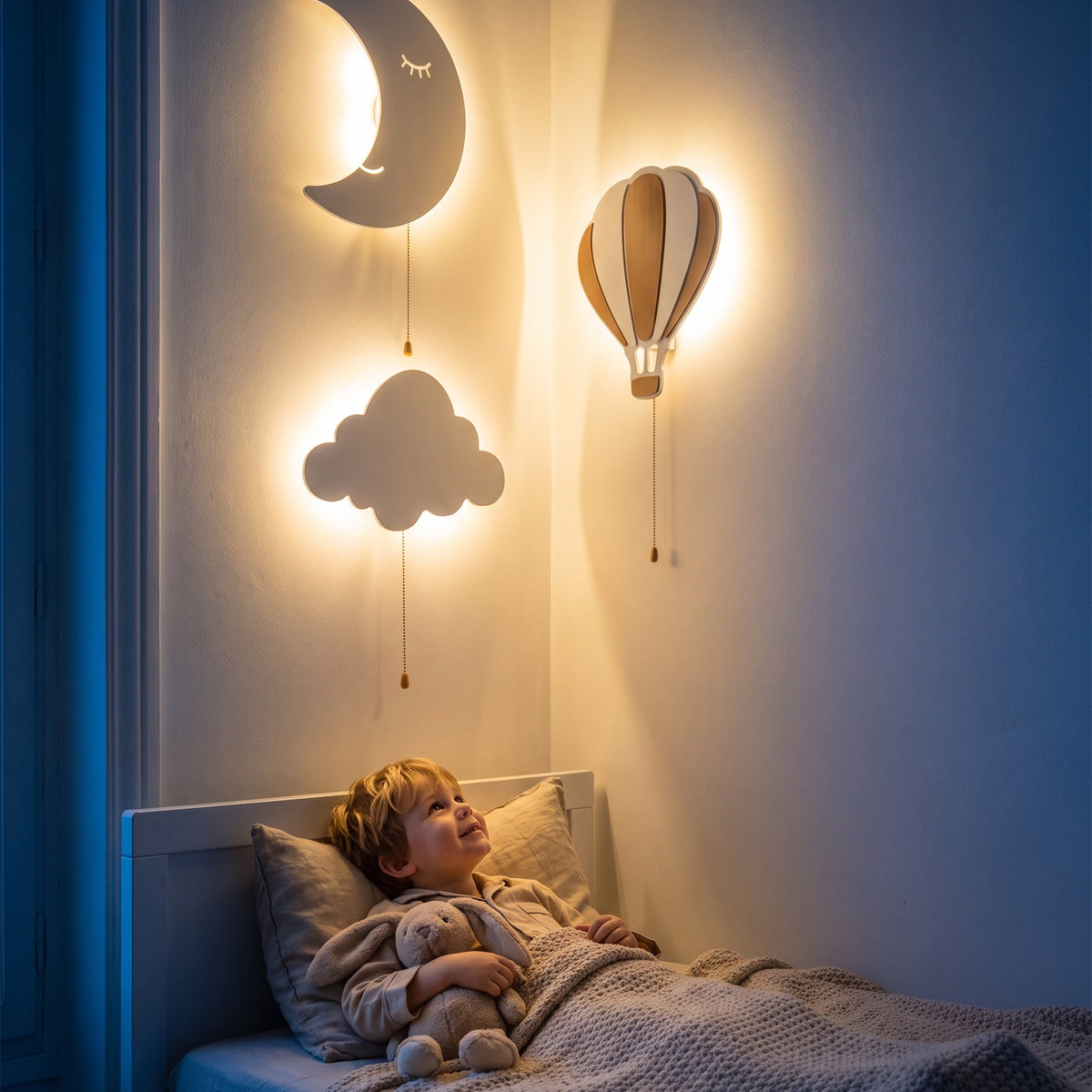 Un petit garçon au lit, son doudou dans les bras, regarde les trois lampes allumées au-dessus de lui.
