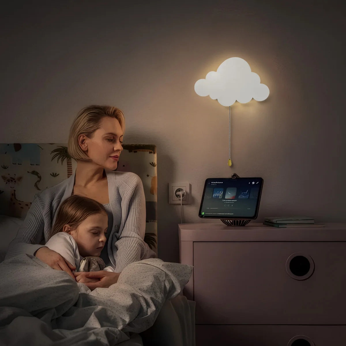 Une maman et sa fille au lit, le soir, sous le nuage allumé.